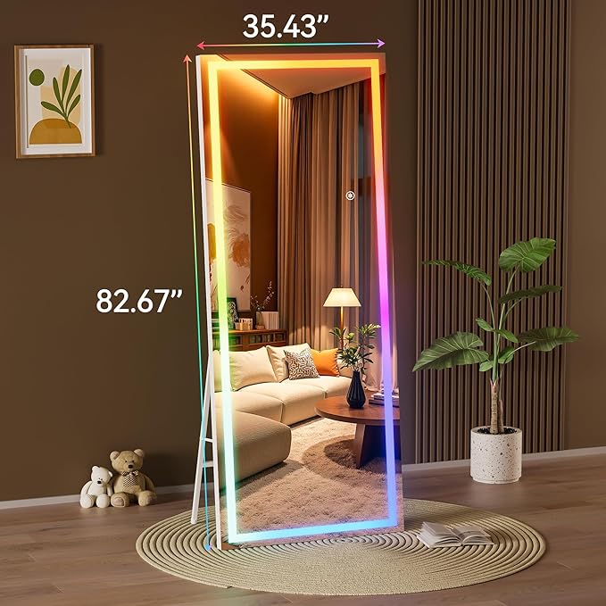Hasipu 83"x35" LED RGB Bluetooth Home Gym Mirror Full Length with Lights, Wall Mount & Free Standing Full Body Mirror for Bedroom Workout Yoga, Detachable Stand, 7 Color & Brightness Adjustable