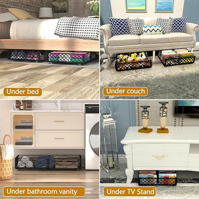NADAMOO Under Bed Storage with Wheels, 2 Pack Rolling Under Bed Storage Containers，Foldable Metal Under the Bed Organizer Bins for Bedroom Clothes Shoes Blankets
