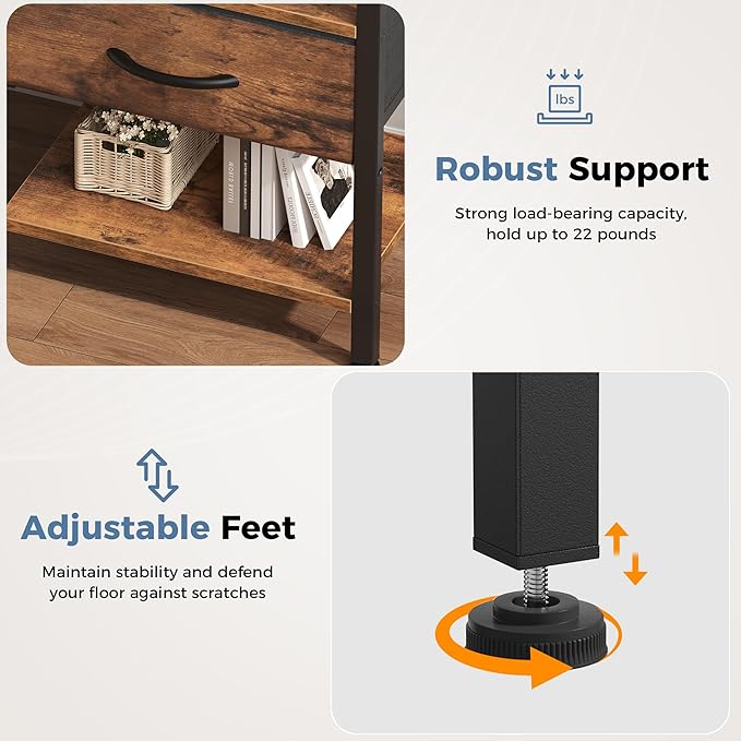 DUMOS Nightstand Set of 2 with Wireless Charging Station Bed Side Tables with Adjustable Fabric Drawers and 3 - Tier Storage End Tables Modern Design, Brown