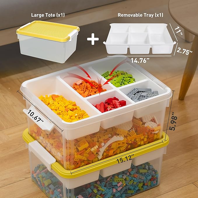 Citylife 17 QT Plastic Storage Box with Building Baseplate Lid and Removable Tray Craft Organizers and Storage Clear Storage Container for Organizing Bead, Tool, Sewing, Yellow-4 Packs