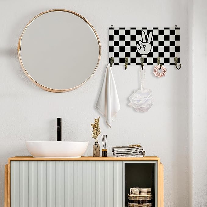 Black and White Checked Key Holder for Wall 10"x5.12", Boys Room Decor Key Hanger Wall Mount, Preppy Peace Sign Wooden Hanging Keys Holder Decor for Entryway Front Door Kids Room（5 Hooks）