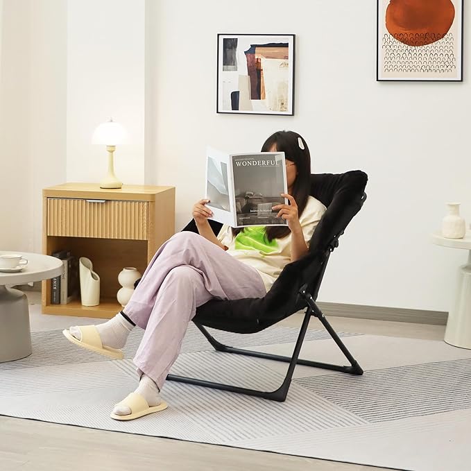 Comfy Saucer Chair for Adults, Soft Faux Fur Bedroom Chair, Accent Dorm Chairs, Flexible Living Room Reading Chairs, Oversized Folding Seat for Teens, X-Large, Black