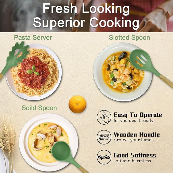 MYKUJA Silicone Cooking Utensils Set, Heat Resistant Kitchen Utensils Set, Spatula,Turner Tongs,Spoon,Brush,Whisk, Cooking Kitchen Utensils Spatula Set, Nonstick Cookware（sage green）