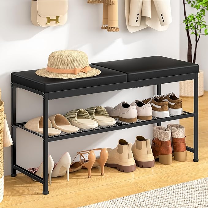 DAOUTIME Shoe Rack Bench, 2-Tier Shoe Storage Organizer with PU Seat Cushion, Entryway Bench with Height-Adjustable Metal Mesh Shelves, Modern Bench Seat for Bedroom Living Room Hallway Foyer, Black