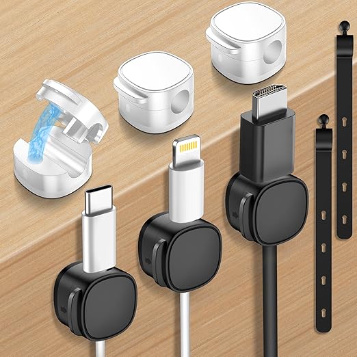 6 Pack,Magnetic Cable Clips & Silicon Cable Ties,[Cable Smooth Adjustable Under Desk Organizer],Cable Management,Cord Holder-Desk Stand Cable Organizer Holding,Adhesive for Home Cable Keeper