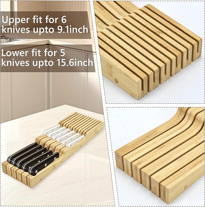 Knife Drawer Organizer, Bamboo In-Drawer Knife Block Organizer Kitchen Steak Knives Holder Organizer for Drawer, 11 Knives Slots (11 Knives Slots)