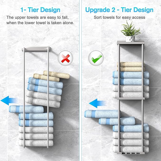 Liuoud Towel Rack Storage for Bathroom, Wall Mounted Vertical Rolled Towel Organizer Holder with Shelf, Holds Up 6 Large Bath Sheets, Silver Grey