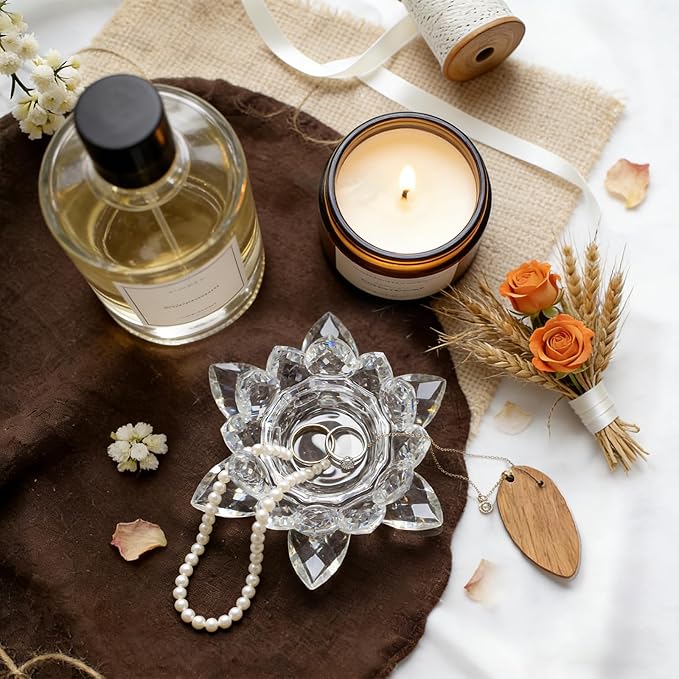 Crystal Flower Jewelry Tray, Luxury Transparent Decorative Trinket Dish for Rings, Earrings, Necklaces, Keys for Vanity Dresser Nightstand, Elegant Gift for Women Mother's Day (1, 4.4"(w) - Clear)