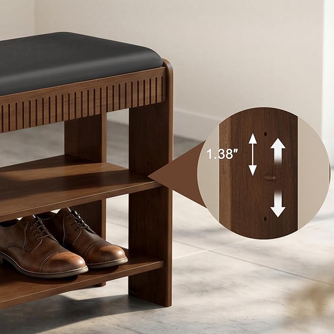 Shoe Bench with Cushion, Solid Wood 2 Tier Adjustable Storage Shoe Bench Rack for Entryway, Bedroom, Closet, Living Room, Hallway