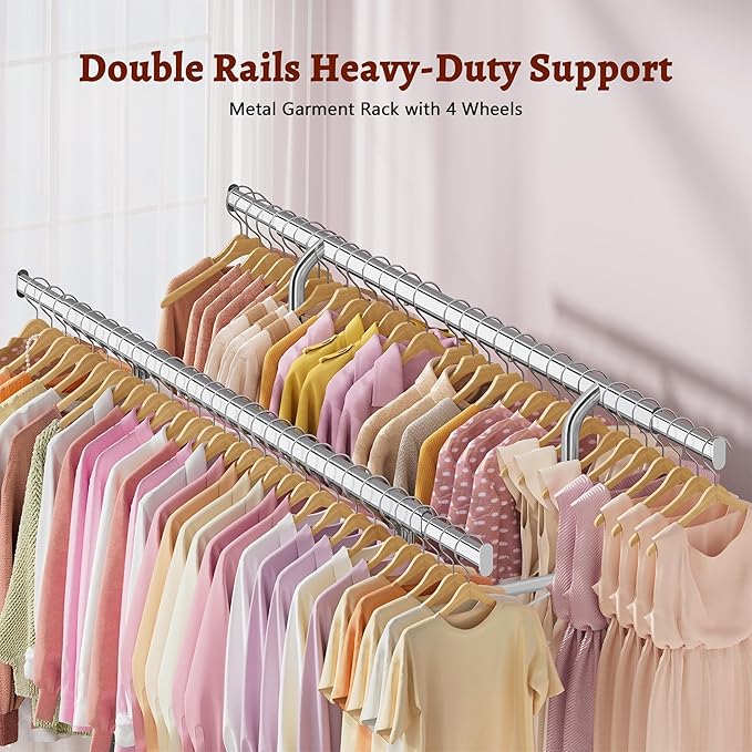 FAVOOSTY Clothes Rack for Hanging Clothes Double Rods, Rolling & Extending Clothing Rack with Wheels, Garment Coat Rack Freestanding, Portable Clothes Rack, White