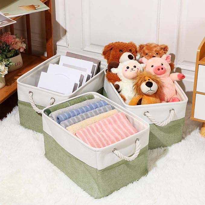 meekoo 8 Pack Collapsible Storage Bins Fabric Storage Bins Polyester Fabric Baskets with Handles Linen Closet Organizer for Shelf Home Closet Towels Toys(15 x 11 x 9.5 in,Green White)