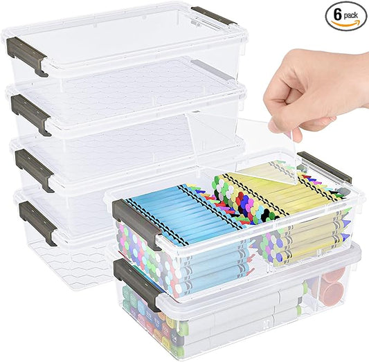6 Pack Extra Large Pencil Box with Removable Divider, Thickened Pencil Case Bulk, Clear Crayon Marker Organizer Stackable Plastic Small Storage Containers for Pen Craft School Supplies(Grey)