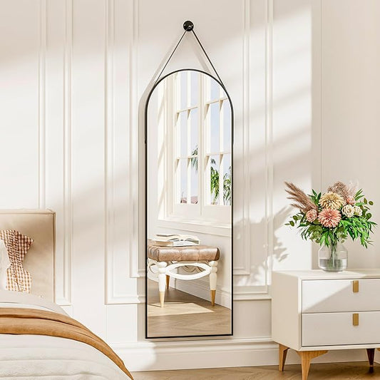 48"x16" Hanging Mirror with Leather Strap,Arched Full Length Mirror with Aluminum Frame Wall-Mounted Hanging Mirrors for Bathroom Vanity Living Room Bedroom Entryway Décor, Black