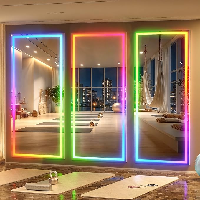 Hasipu 81"x33" LED RGB Bluetooth Home Gym Mirror Full Length with Lights, Wall Mount & Free Standing Full Body Mirror for Bedroom Workout Yoga, Detachable Stand, 7 Color & Brightness Adjustable