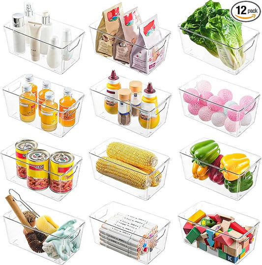 12 Pack Small Clear Plastic Storage Bins, Acrylic Kitchen Organizer and Storage Bins, Fridge Organizer, Small Plastic Containers Bins, Cabinet Organizer for Pantry,Bathroom,Refrigerator, Shelf