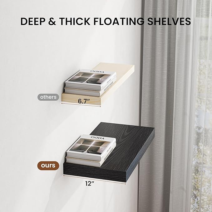 Dreamland 32" Floating Shelves for Wall, 12" Deep Thicker Black Floating Shelves, Wall-Mounted Shelves for Bedroom, Living Room, Kitchen, Bathroom - Set of 2