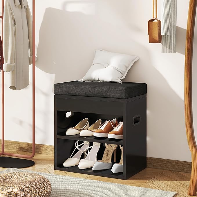 YMYNY Small Shoe Storage Bench with Cushion and Drawer, 2 Tier Adjustable Entryway Bench with Storage, Wooden Shoe Rack Bench for Entryway, Living Room, Hallway, Closet, Bedroom, Black, HSC002B