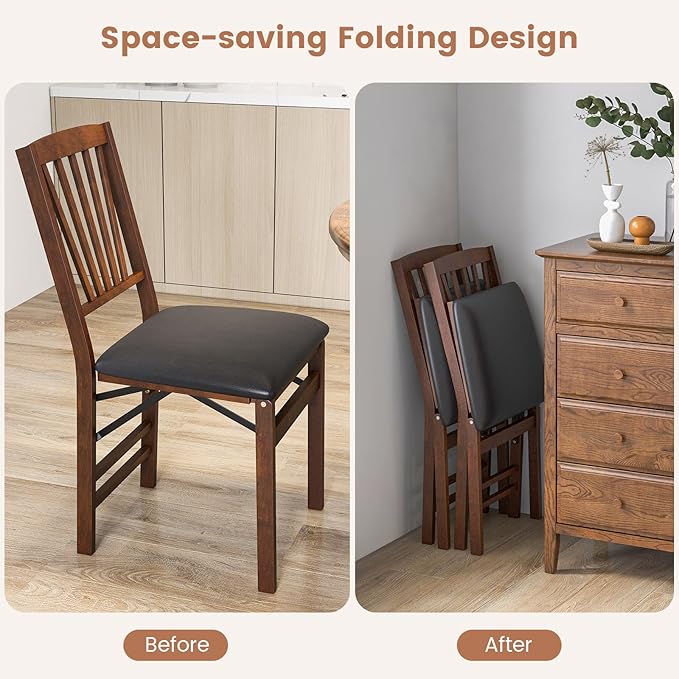 Giantex Folding Dining Chairs Set of 4, Foldable Wood Kitchen Chairs with Padded Seat, Solid Wood Frame, Max Load 400 Lbs, No Assembly Easy to Store Wooden Dining Chairs for Apartment, Small Space