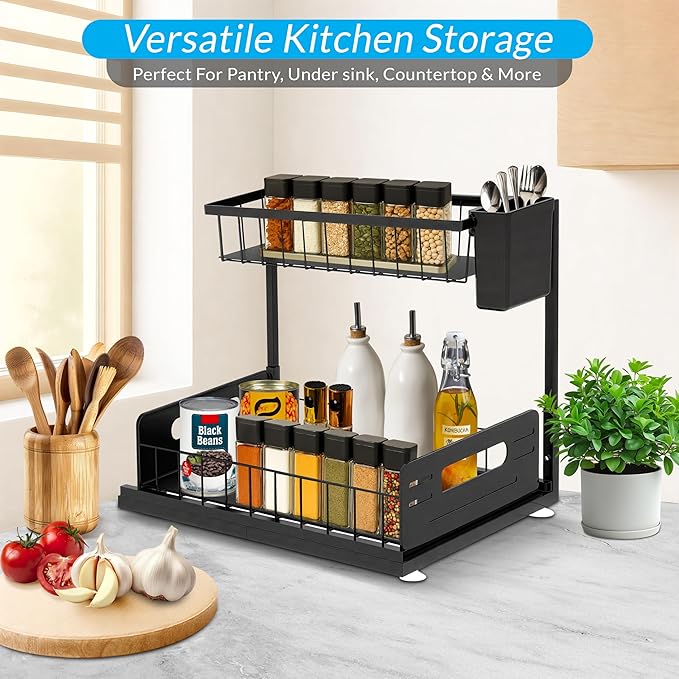 Under Sink Organizer 2 Tier with Slide-Out Drawer and Brush Holder (1)