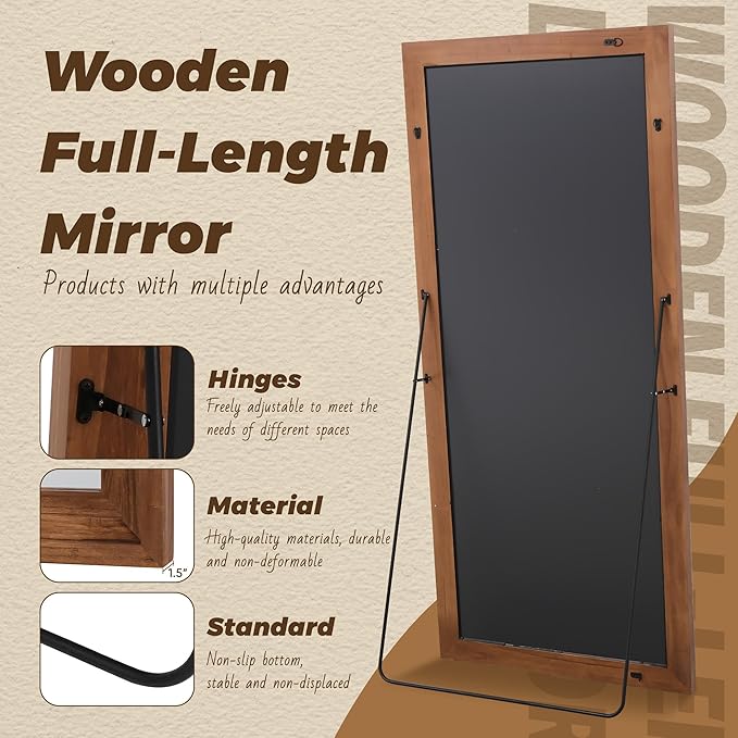 Antok Full Length Mirror with Solid Wood Frame, 71"×32" Wall Mounted Oversized Floor Mirror with Stand, Leaning Standing Hanging for Bedroom Living Room Entryway, Brown, Rect Style