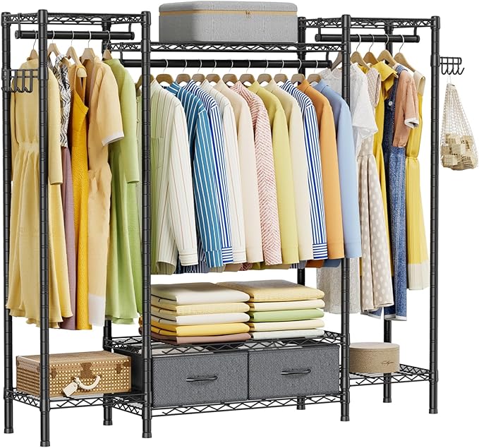 Golpart Coat Rack Clothes Wardrobe：Closet Organizer and Storage Clothing Garment Rack with Shelves Heavy Duty for Hanging Clothes Portable Adjustable Black 15.8" DX61 WX76.5 H