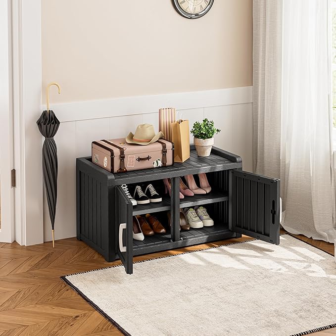 KAMABOKO Outdoor Shoe Storage Cabinet, Waterproof UV-Resistant Entryway Storage Bench Indoor Outdoor with 2 Barn Doors, Adjustable Shelves for Entryway, Bedroom, Hallway,Living Room(Jet Black)
