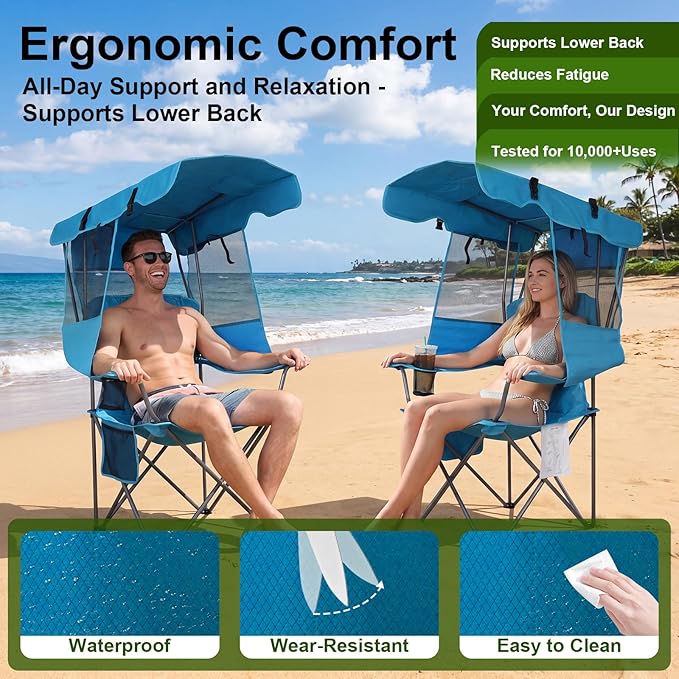 Romswi Large Folding Canopy Camping Chairs for Adult 2 Pack, Portable Outdoor Chairs with Sunshade,Cup Holder & Side Pocket for Camping, Fishing, Beach, Backyard, Sea Blue