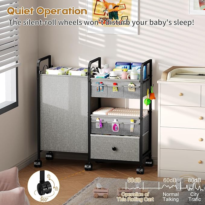 Cidaziya 2In1 Baby Diaper Caddy Organizer with Laundry Hamper, 3 Tier Rolling Cart with Dividers and Drawers, Upgrade Diaper Cart Utility Cart Clothes Organizer for Baby Essentials, New Mom, Nursery