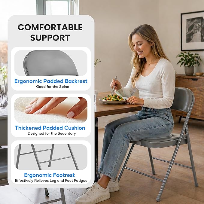Simple Deluxe Foldable Chairs Set of 2, Padded Cushion Seat & Sturdy Metal Frame, Portable Collapsible Chairs for Home, Office, Parties & Outdoor Activities, Grey