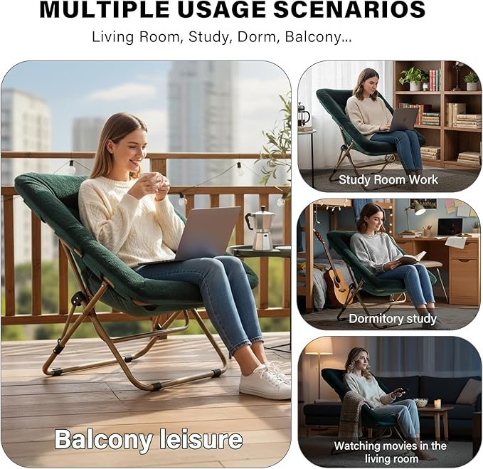 Tiita Comfy Folded Chair, Soft Faux Fur Oversized Folding Accent Chair, Lazy Chair for Teens Adults, Metal Frame Moon Chair for Bedroom, Living Room, Dorm Rooms