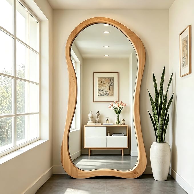 Irregular Full Length Mirror, 71"x33.5" Oversized Organic Floor Mirror with Solid Wood Frame, Asymmetrical Full Body Mirrors for Living Room Entryway Hallway Cloakroom, Leaning/Hanging