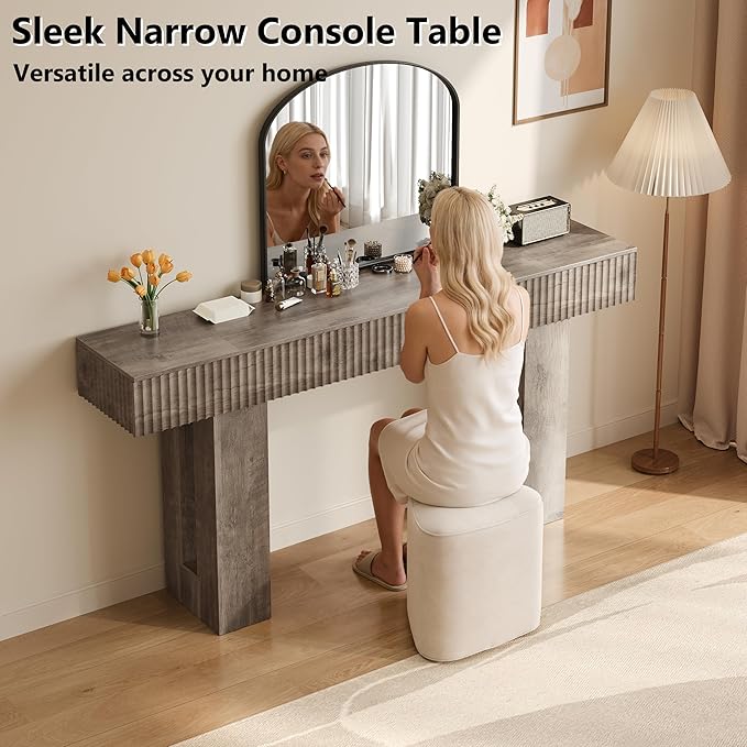 63-Inch Long Entryway Console Table with a Fluted Design, Thick Wood Farmhouse Sofa Table Behind Couch, Narrow Hallway Accent Table for Living Room, Foyer, Entrance,Grey