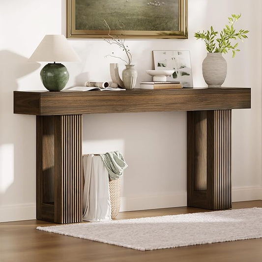 63" L x 33" H x 12" D Fluted Console Table, Ribbed Entryway Table, Mid Century Modern Japandi Sofa Table Behind Couch, Chunky Wood Hallway Table for Living Room, Walnut Brown