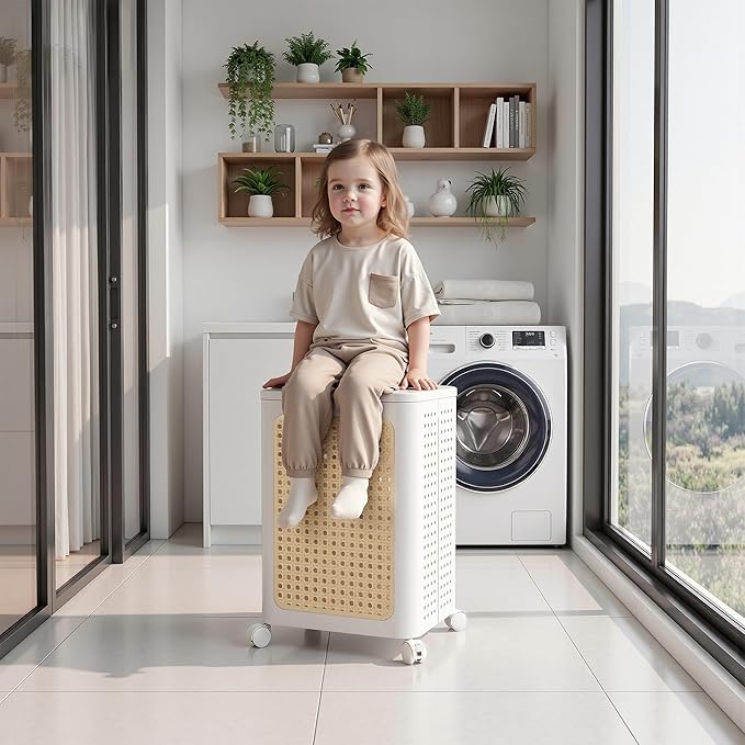 VECELO Laundry Hamper with Clothes Rack, Rolling Laundry Basket with Lid and Wheels, Tall Clothes Stand for Hanging Clothes, Multifunctional Laundry Organizer for Bedroom, Bathroom, White