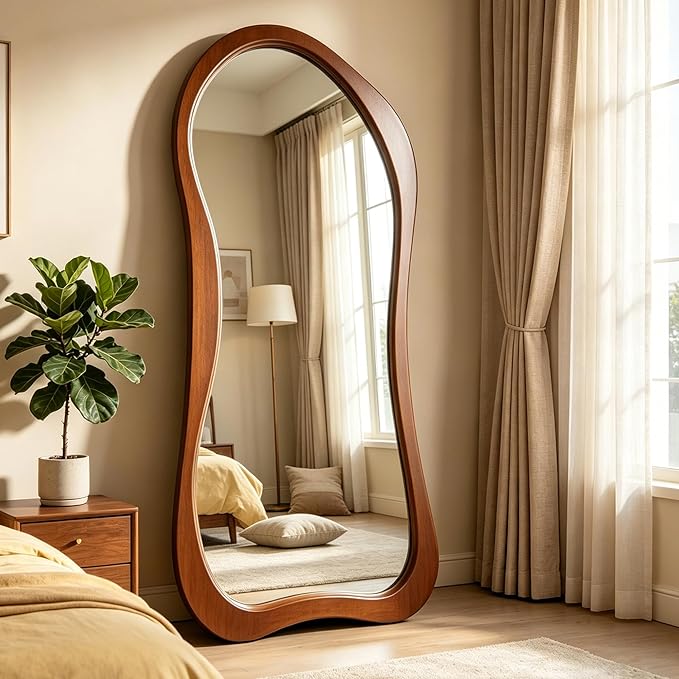 Large Irregular Mirror, 63"x30" Organic Floor Mirror with Solid Wood Frame, Asymmetrical Aesthetic Mirrors for Living Room Entryway Hallway Bedroom Cloakroom, Leaning/Wall-Mounted