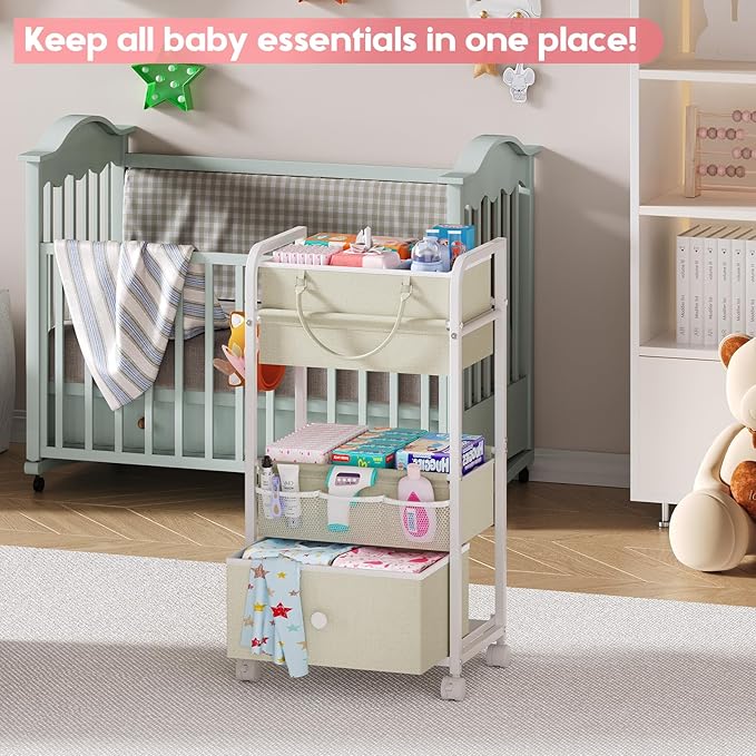 Cidaziya 2In1 Baby Diaper Caddy Organizer and Storage, 3 Tier Rolling Cart with Drawer, Detachable Dividers, Mobile Utility Cart Baby Dresser Clothes Organizer for Baby Essentials, Bedroom, Nursery