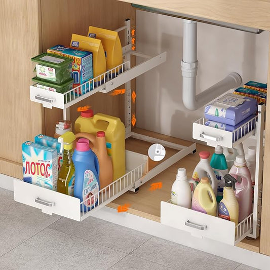 2 Pack Under Sink Organizer, 2 Tier Slide Out Cabinet Organizer with Pulley, Height Adjustable Pull Out Shelf for Kitchen, Bathroom, Laundry and Utility Storage, White