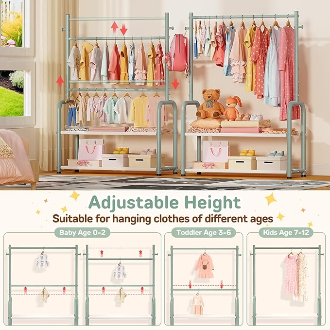 Kids Clothing Rack with 2-Layer Storage Shelf and 2 Adjustable Hanging Rods, Dress Up Rack for Hanging Clothes,Dress up Storage for Baby Toddle Kids(Classic, Green)