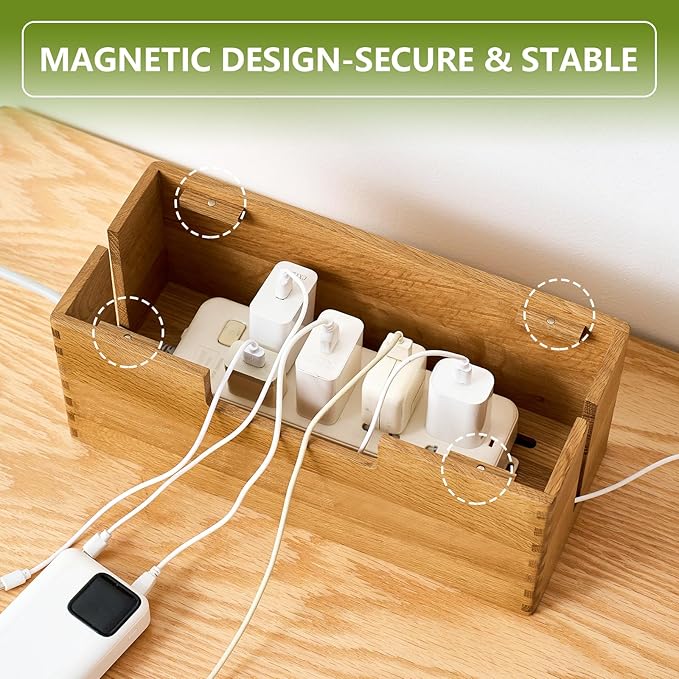 Oak Wood Cable Management Box - Large Cord Hider & Organizer with Magnetic Lid for Desk & Floor Cables in Home Office, Living Room, Bedroom (Natural)
