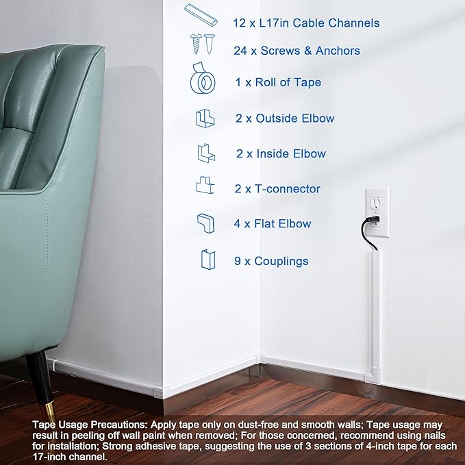 ZhiYo Wall Cable Hider, Cord Hider to Hide 2-3 Cords, TV Wire Hider for Wall, 204in Cable Management Kit, 12 x L17in Cable Raceway White, Paintable Cable Concealer, W0.98in x H0.5in