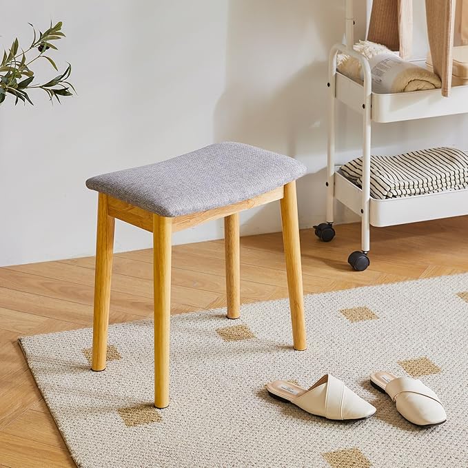 IBUYKE Saddle Cushion Vanity Stool Chair, Foot Rest Stool with Solid Wood Legs, Modern Vanity Bench Ottoman for Piano, Upholstered Seat for Bedroom, Entryway, Wooden Legs&Light Linen WBD007NY