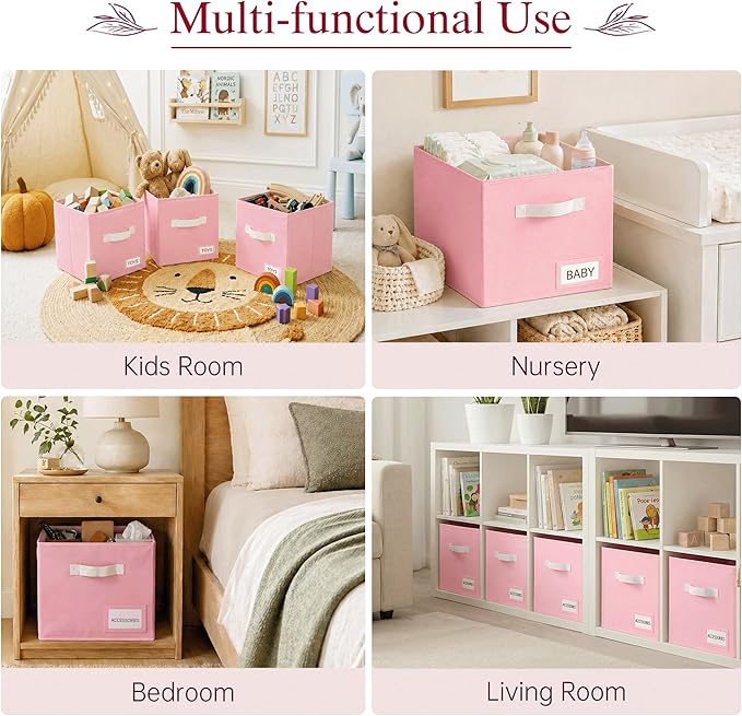 Storage Cubes 8 Pack, 11 Inch Fabric Storage Cubes Organizer Bins with Labels, Odor-Free & Sturdy PP Structure, Cubby Baskets for Closet, Shelves, Toys & Nursery ( Pink)