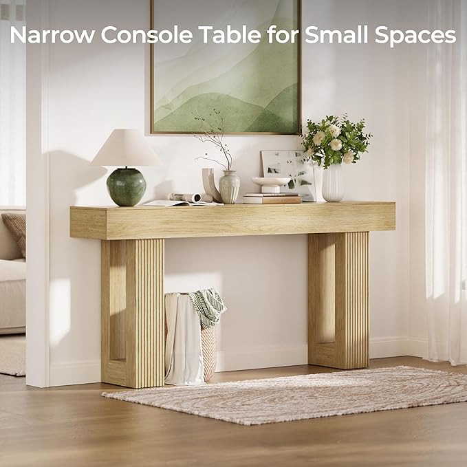 63" L x 33" H x 12" D Fluted Console Table, Modern Japandi Ribbed Entryway Table, Extra Long Sofa Table Behind Couch, Chunky Wood Hallway Table for Living Room, Oak Natural