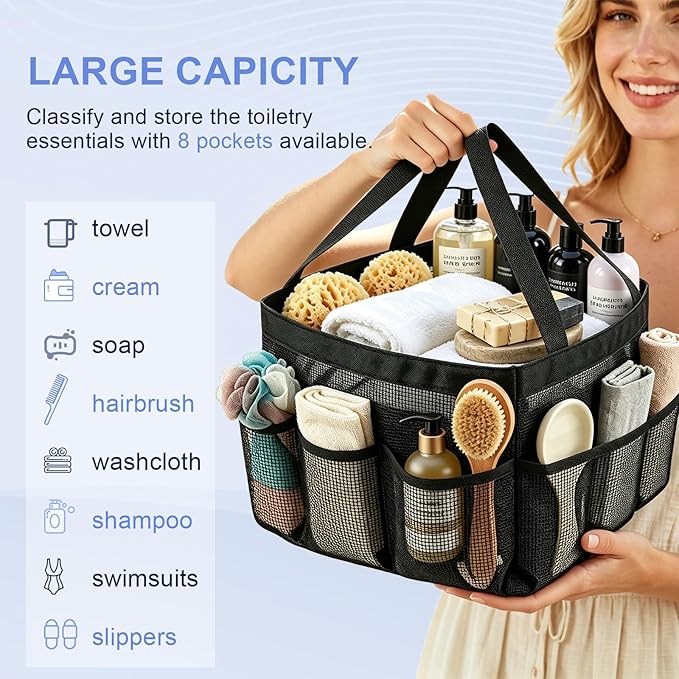 Mesh Shower Caddy Portable for College Dorm Room Essentials, 8-Pocket Quick Dry Hanging Shower Tote Bag with 2 Handles for Beach, Swimming, Gym, Travel Essentials