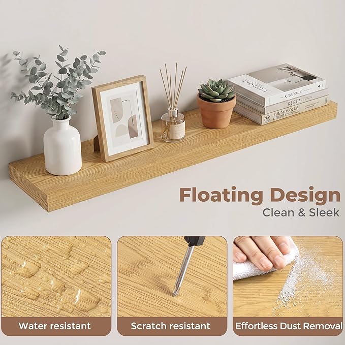 Venusmiles Floating Shelves for Wall, 32 Inch Floating Shelves Set of 2, 6.5" D Wooden Wall Mounted Display Shelves with Invisible Brackets for Living Room, Bedroom, Bathroom, Kitchen Decor, Oak