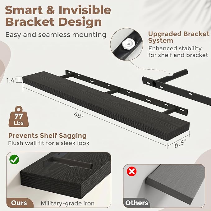 Venusmiles Floating Shelves for Wall, 48 Inch Floating Shelves Set of 1, 6.5" D Wooden Wall Mounted Display Shelves with Invisible Brackets for Living Room, Bedroom, Bathroom, Kitchen Decor, Black