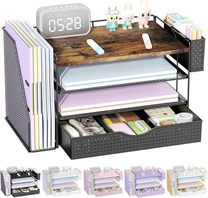 gianotter Wood Desk Organizers and Accessories with File Holder, 4-Tier Desk Accessories & Workspace Organizers with Drawer and Pen Holder, Desk Reference Organizer (Wood, 4T with Drawer)