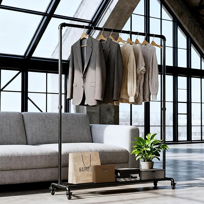 Industrial Pipe Clothing Rack with Wheels,Heavy Duty Rolling Garment Rack,Metal Clothes Rack with Bottom Storage Shelf,Mobile Clothing Rack for Hanging Clothes for Bedroom Laundry Room Boutique