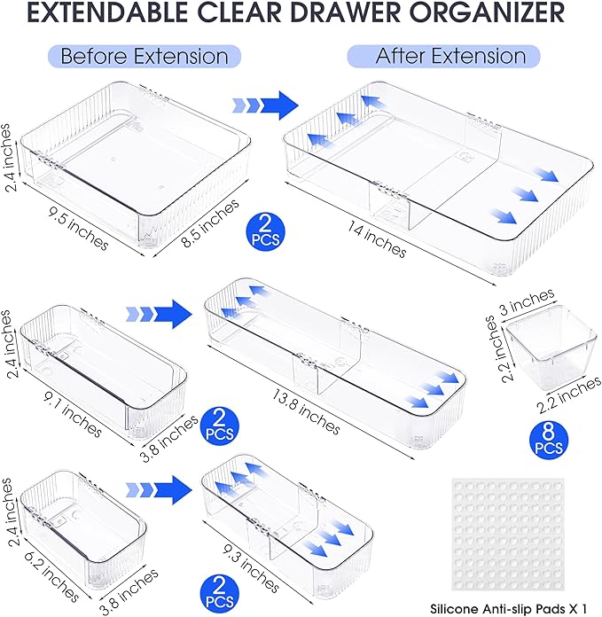 Aneco 14 Pieces Extendable Clear Drawer Organizer Adjustable Vanity Storage Box 4-Size Desk Drawer Divider Acrylic Storage Bins for Makeup, Cosmetic, Jewelries, Bedroom Kitchen Utensils Gadgets