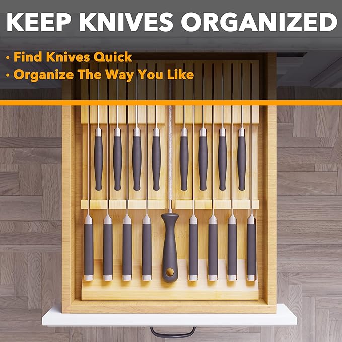 SpaceAid Bamboo Knife Drawer Organizer Insert, Kitchen Steak Knives Holder Organizers Block for Drawer Storage Organization (16 Knife Slots and 1 Sharpener Slot)